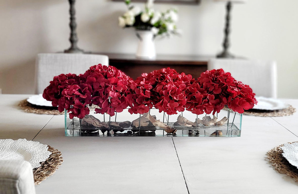Artificial Hydrangea Centerpiece – Red Silk Dining Table