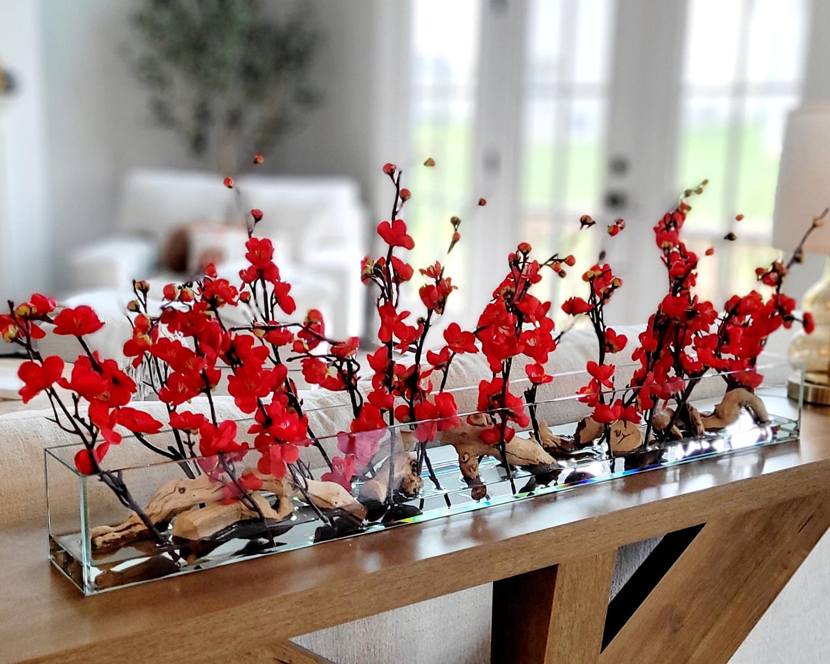Silk Flower Arrangement Cherry Blossom Centerpiece Red Accent Collection Modern Farmhouse Style Design Glass Vase Display Faux Hydrangea Elements Artificial Floral Centerpiece Dining Table Styling Realistic Water Effect Premium Construction