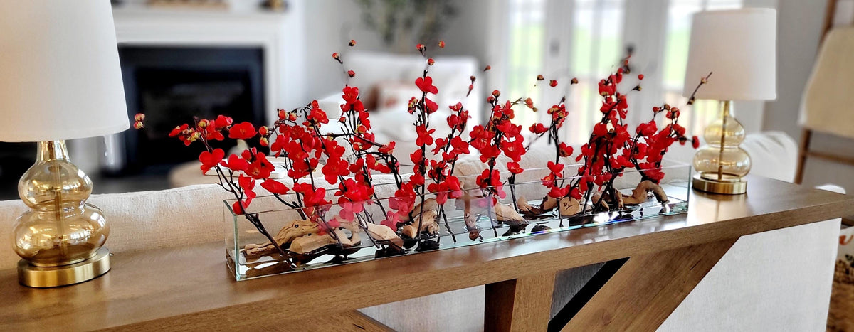 Artificial Cherry Blossom Display Red Silk Flower Centerpiece Glass Vase Arrangement Sophisticated Farmhouse Design Faux Hydrangea Collection Dining Table Styling Realistic Water Effect Premium Construction Modern Home Interior Console