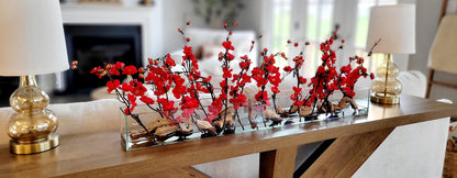Artificial Cherry Blossom Display Red Silk Flower Centerpiece Glass Vase Arrangement Sophisticated Farmhouse Design Faux Hydrangea Collection Dining Table Styling Realistic Water Effect Premium Construction Modern Home Interior Console