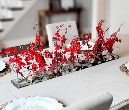 Cherry Blossom Centerpiece – Elegant Red Silk Dining Table Arrangement