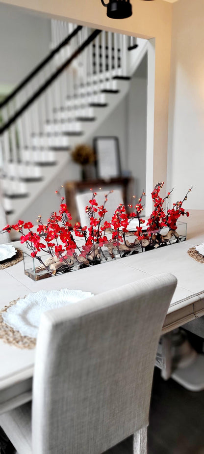 Cherry Blossom Centerpiece – Elegant Red Silk Dining Table Arrangement