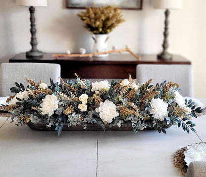 Rustic Wood Dough Bowl Centerpiece Farmhouse Table Display Artificial Eucalyptus Greenery Arrangement Cream Flower Collection Rose Peonies Dusty Blue Accent Perfect Coffee Table Styling Living Room Dining Room Kitchen Counter Entryway