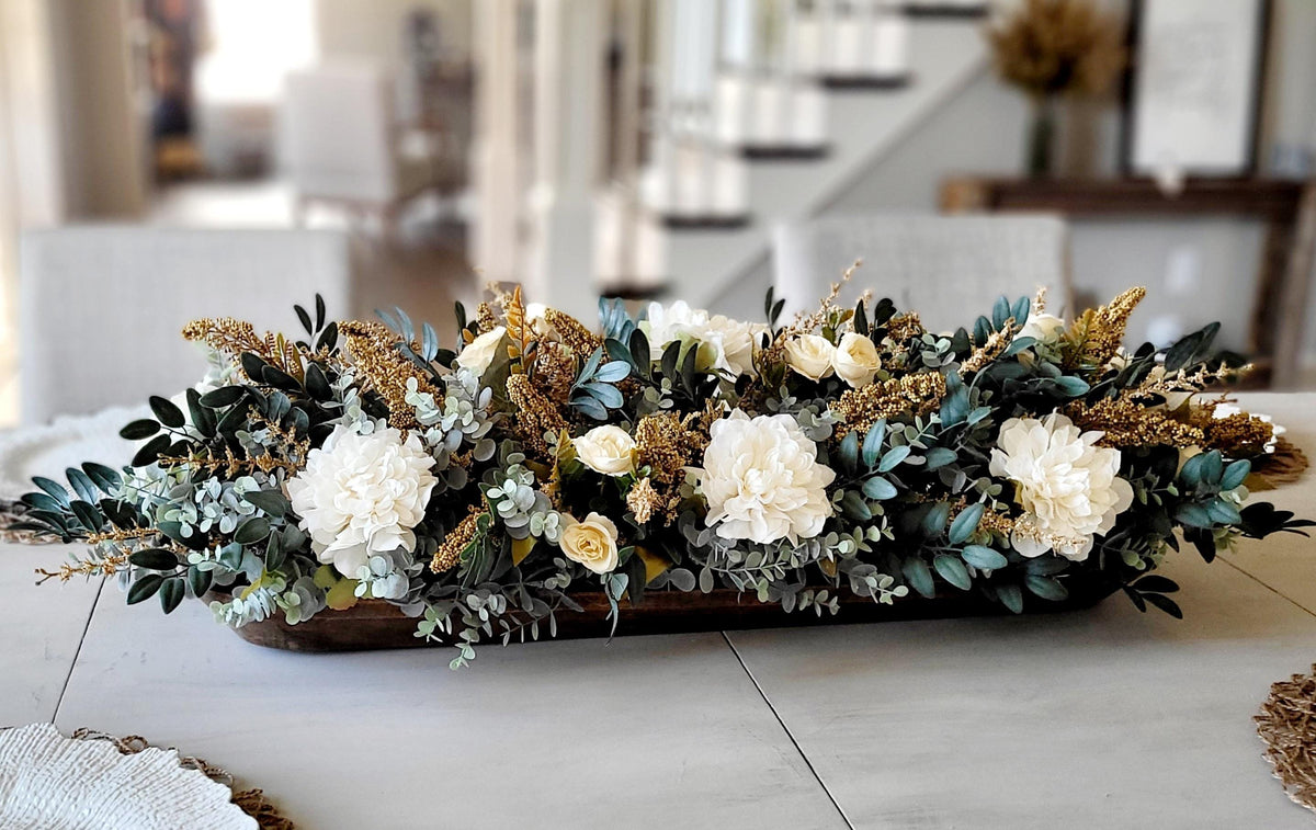 Handcrafted Dough Bowl Centerpiece Farmhouse Rustic Wood Arrangement Eucalyptus Greenery Artificial Flower Display Cream Rose Peonies Dusty Blue Gold Accent Perfect Living Room Coffee Table Dining Room Kitchen Counter Entryway Console