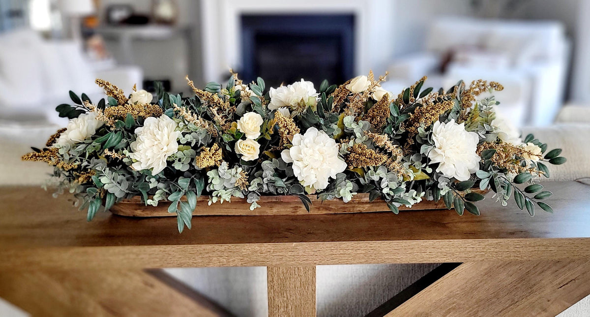 Dough Bowl Centerpiece – Eucalyptus Farmhouse Table Arrangement