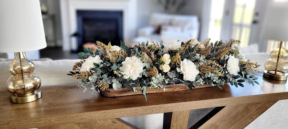 Dough Bowl Centerpiece – Eucalyptus Farmhouse Table Arrangement