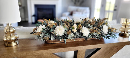 Dough Bowl Centerpiece – Eucalyptus Farmhouse Table Arrangement