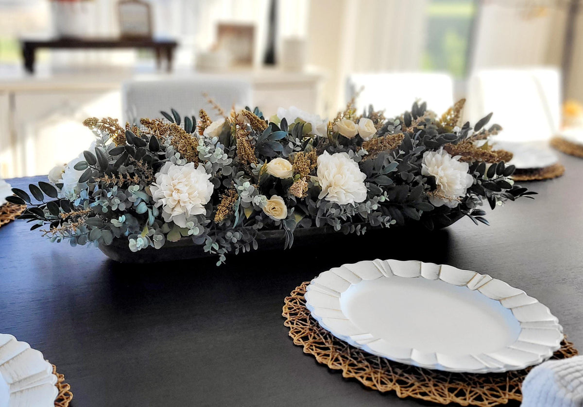 Dough Bowl Centerpiece – Eucalyptus Farmhouse Table Arrangement