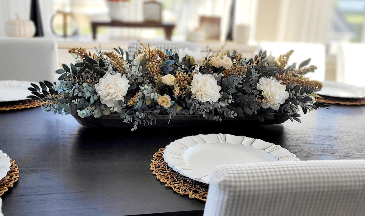 Dough Bowl Centerpiece – Eucalyptus Farmhouse Table Arrangement