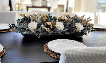 Dough Bowl Centerpiece – Eucalyptus Farmhouse Table Arrangement