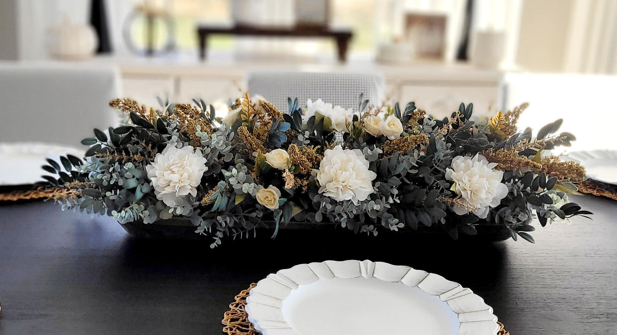 Dough Bowl Centerpiece – Eucalyptus Farmhouse Table Arrangement