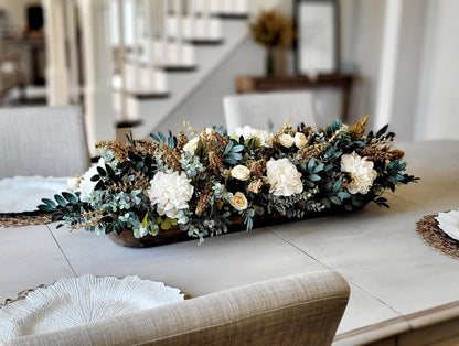 Farmhouse Dough Bowl Centerpiece Rustic Wood Table Arrangement Eucalyptus Greenery Artificial Flower Display Cream Rose Peonies Dusty Blue Leaves Gold Glitter Accent Perfect Dining Room Coffee Table Kitchen Counter Styling Handcrafted Home