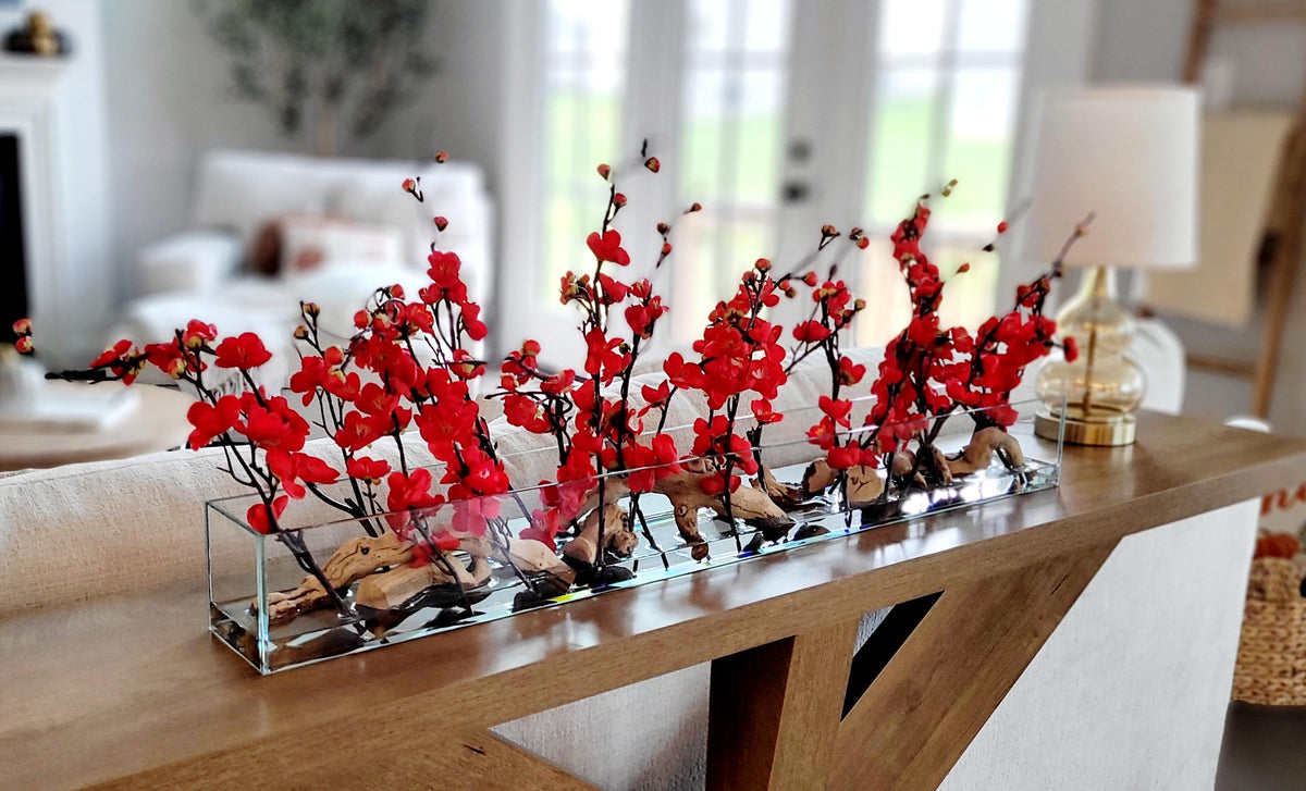 Red Cherry Blossom Centerpiece Silk Flower Arrangement Dining Table Display Glass Vase Collection Faux Hydrangea Accents Elegant Farmhouse Style Design Artificial Floral Arrangement Realistic Water Effect Premium Quality Construction