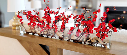 Elegant Centerpiece Collection Cherry Blossom Silk Arrangement Glass Vase Display Red Floral Accents Dining Table Styling Faux Hydrangea Design Modern Farmhouse Style Artificial Flower Centerpiece Realistic Water Effect Premium Quality