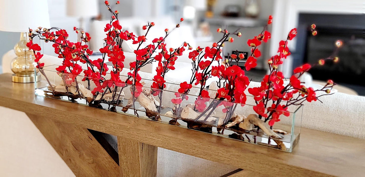 Dining Table Centerpiece Red Cherry Blossom Arrangement Silk Flower Display Glass Vase Collection Elegant Farmhouse Style Faux Hydrangea Accents Artificial Floral Design Realistic Water Effect Premium Quality Construction Console Table