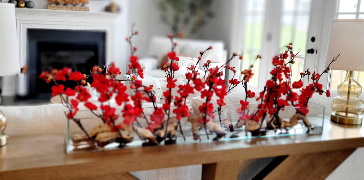Cherry Blossom Centerpiece – Elegant Red Silk Dining Table Arrangement