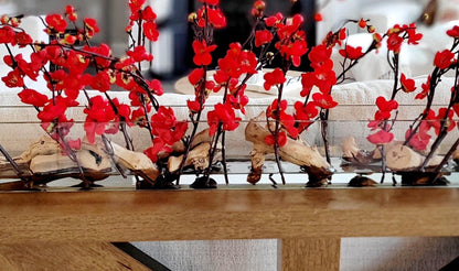 Cherry Blossom Centerpiece – Elegant Red Silk Dining Table Arrangement