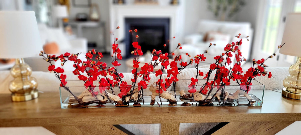 Cherry Blossom Centerpiece – Elegant Red Silk Dining Table Arrangement