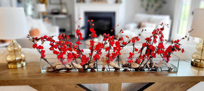 Cherry Blossom Centerpiece – Elegant Red Silk Dining Table Arrangement