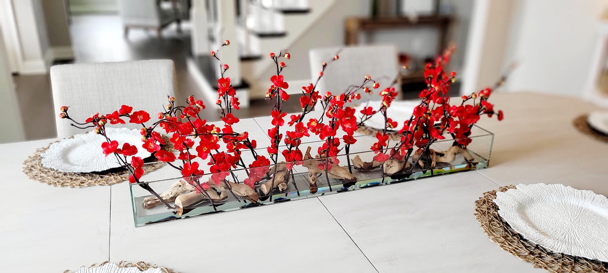Cherry Blossom Centerpiece – Elegant Red Silk Dining Table Arrangement