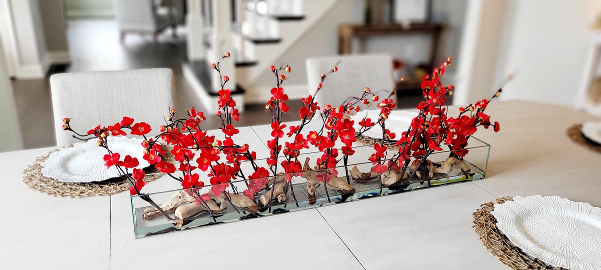 Cherry Blossom Centerpiece – Elegant Red Silk Dining Table Arrangement