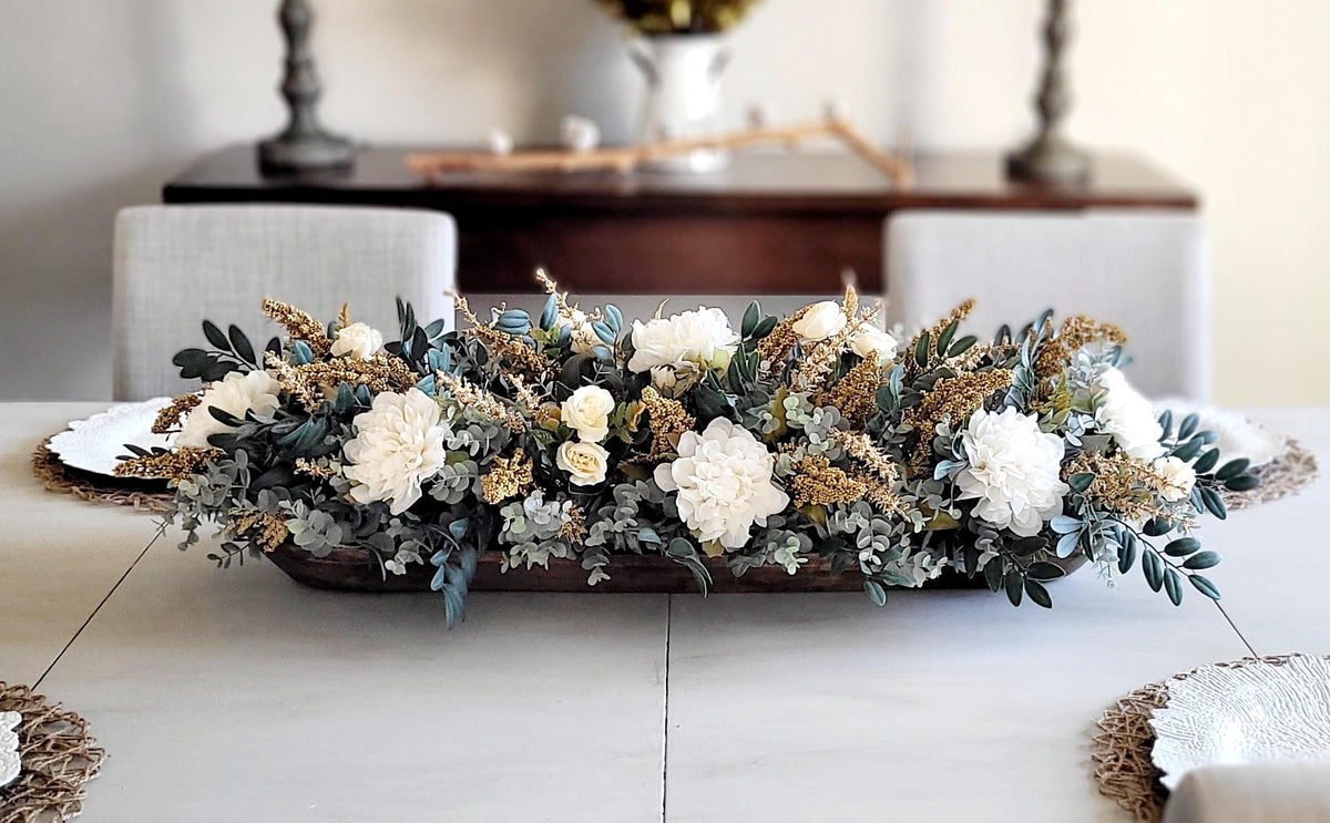 Eucalyptus Greenery Centerpiece Dough Bowl Farmhouse Arrangement Rustic Wood Table Display Artificial Flower Collection Cream Rose Peonies Dusty Blue Leaves Gold Glitter Accent Perfect Wedding Reception Dining Room Coffee Table Living Room