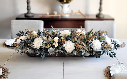Eucalyptus Greenery Centerpiece Dough Bowl Farmhouse Arrangement Rustic Wood Table Display Artificial Flower Collection Cream Rose Peonies Dusty Blue Leaves Gold Glitter Accent Perfect Wedding Reception Dining Room Coffee Table Living Room