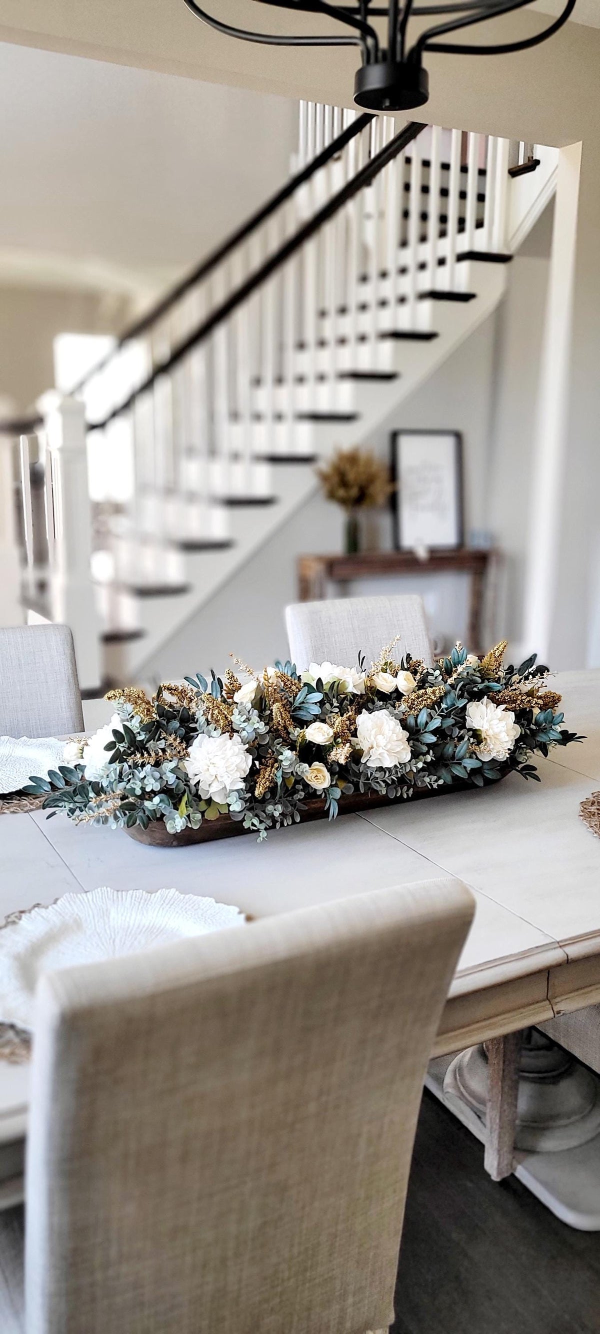 Neutral Farmhouse Centerpiece Dough Bowl Rustic Arrangement Eucalyptus Greenery Artificial Flower Collection Cream Rose Peonies Dusty Blue Leaves Gold Glitter Accent Year Round Table Display Perfect Dining Room Coffee Table Living Room