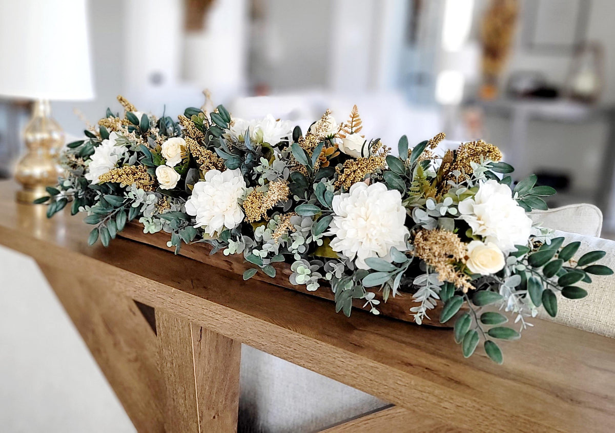 Dough Bowl Centerpiece – Eucalyptus Farmhouse Table Arrangement