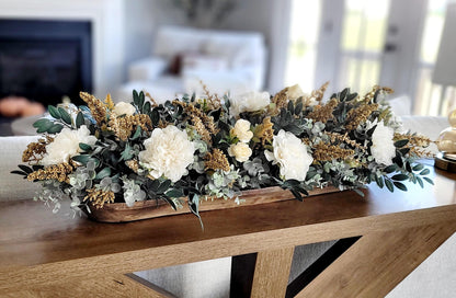 Dough Bowl Centerpiece – Eucalyptus Farmhouse Table Arrangement