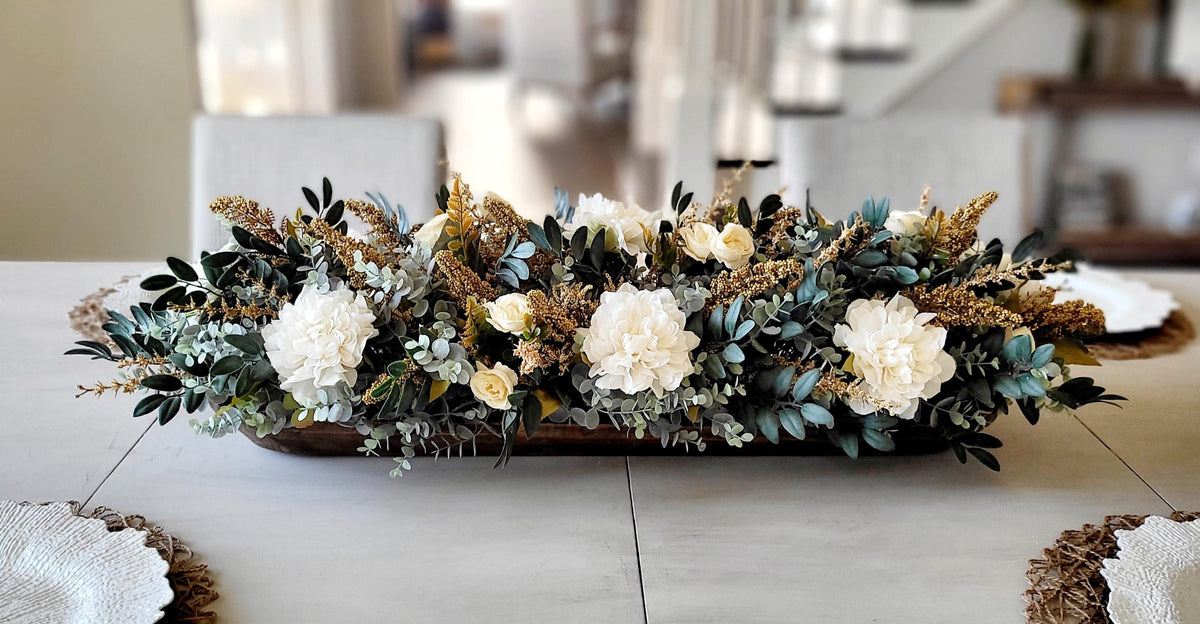 Dough Bowl Centerpiece – Eucalyptus Farmhouse Table Arrangement