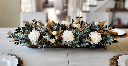 Dough Bowl Centerpiece – Eucalyptus Farmhouse Table Arrangement