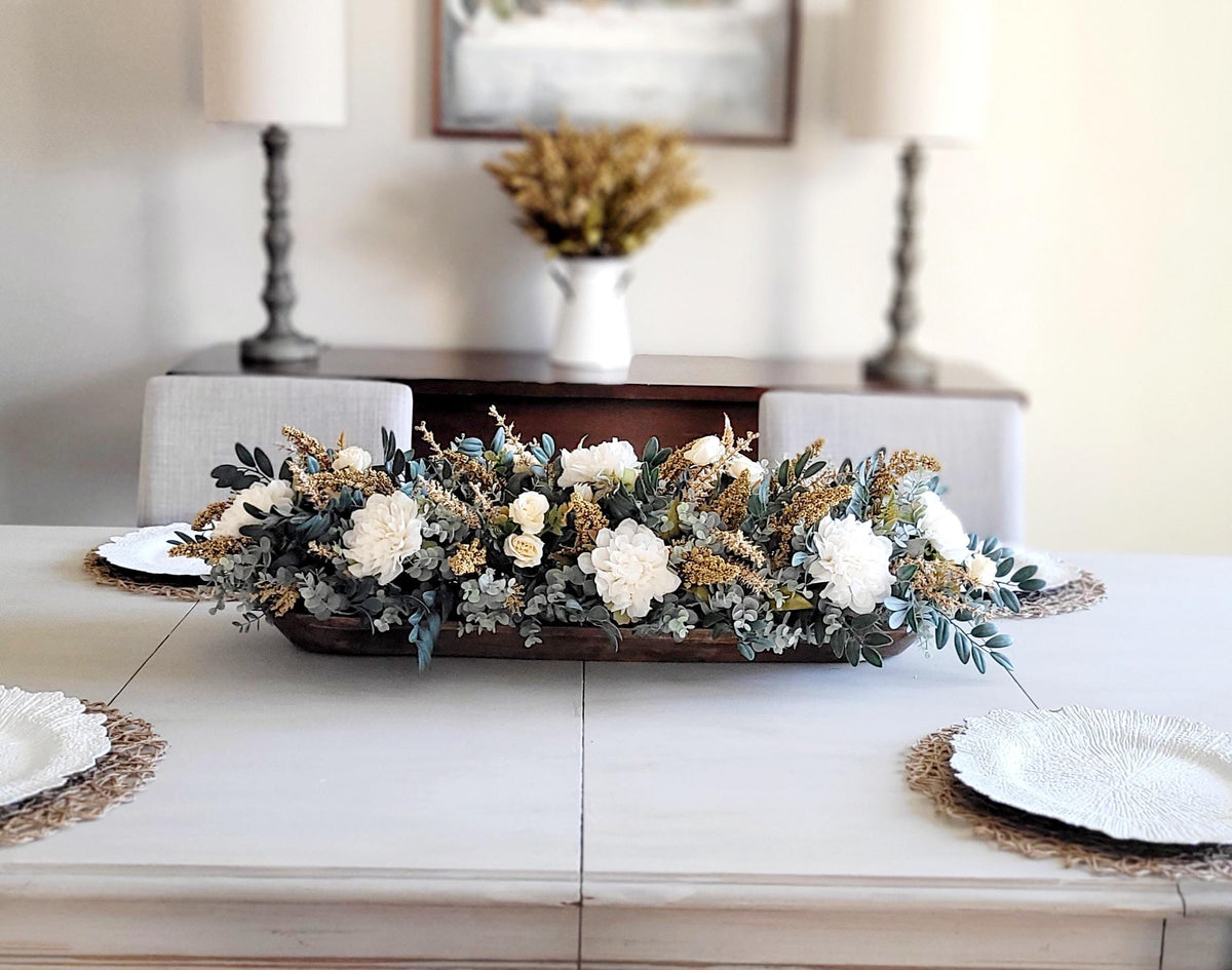 Dough Bowl Centerpiece – Eucalyptus Farmhouse Table Arrangement