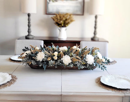 Dough Bowl Centerpiece – Eucalyptus Farmhouse Table Arrangement