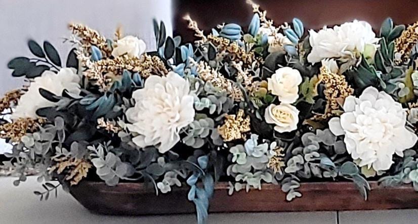 Dough Bowl Centerpiece – Eucalyptus Farmhouse Table Arrangement