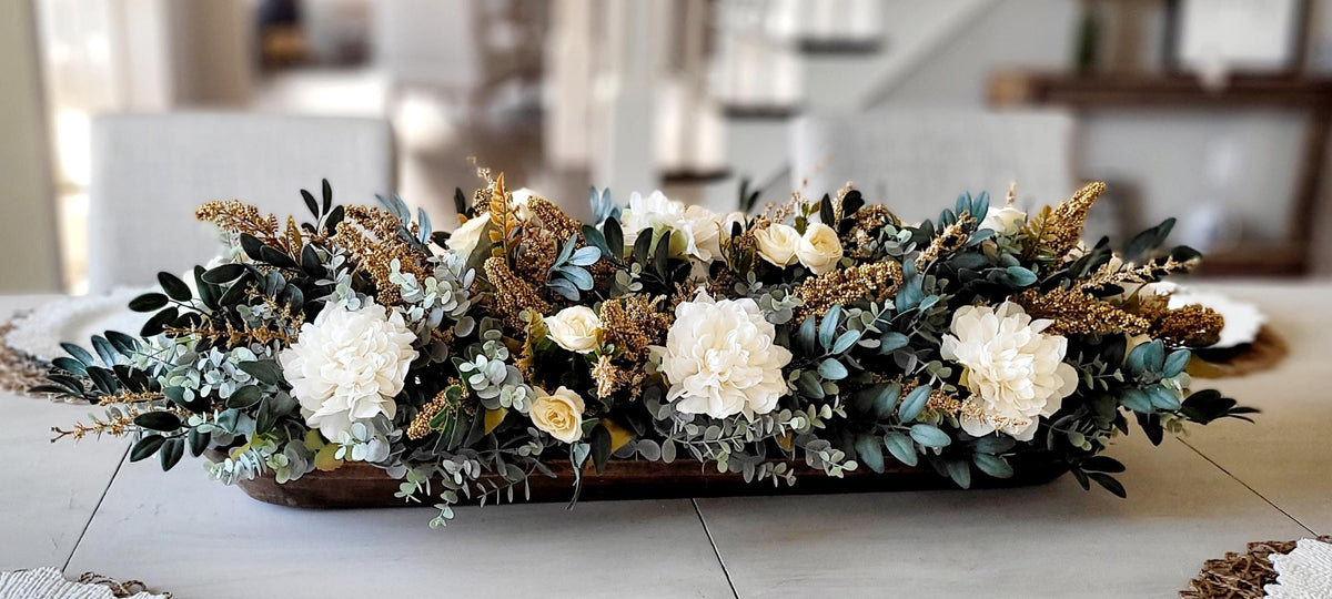Dough Bowl Centerpiece – Eucalyptus Farmhouse Table Arrangement