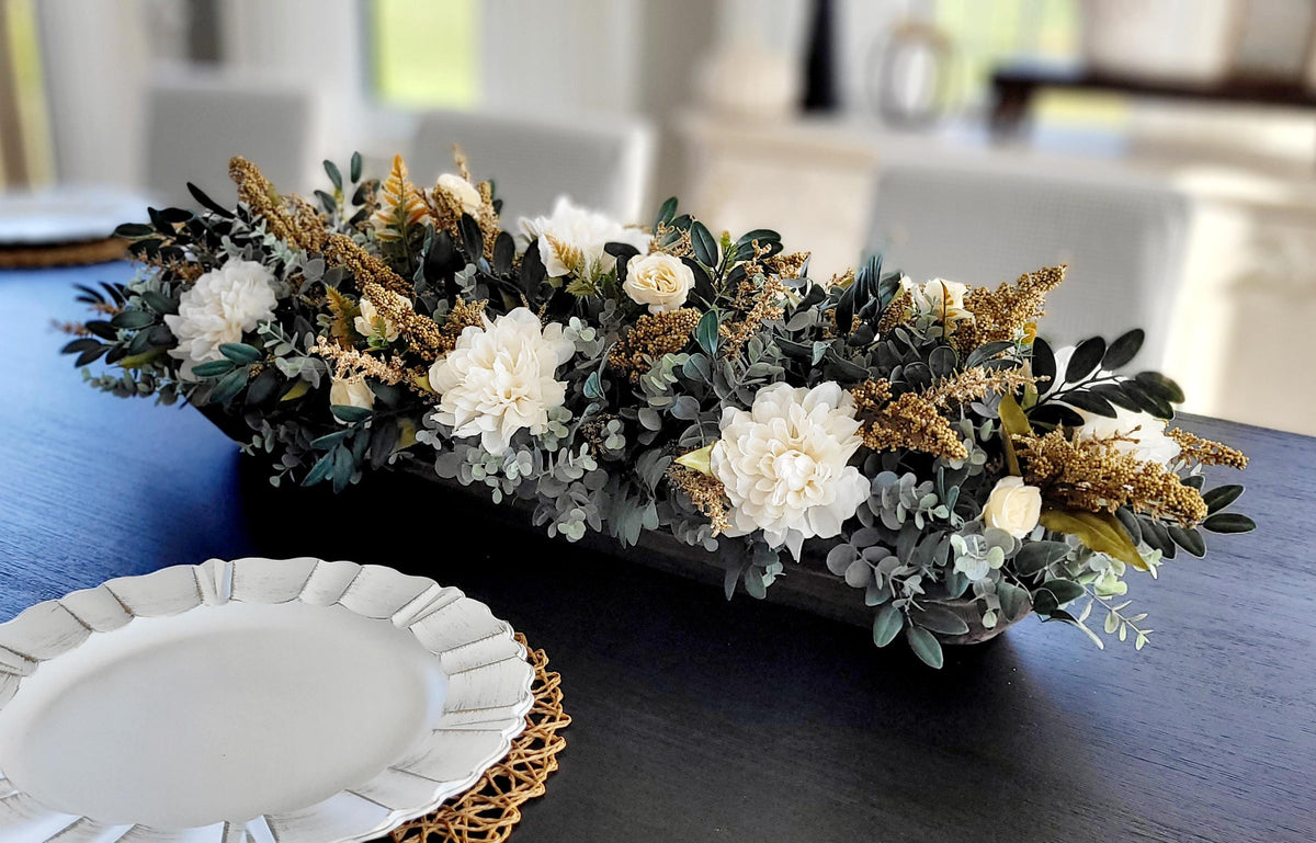 Dough Bowl Centerpiece – Eucalyptus Farmhouse Table Arrangement