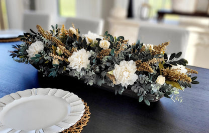 Dough Bowl Centerpiece – Eucalyptus Farmhouse Table Arrangement