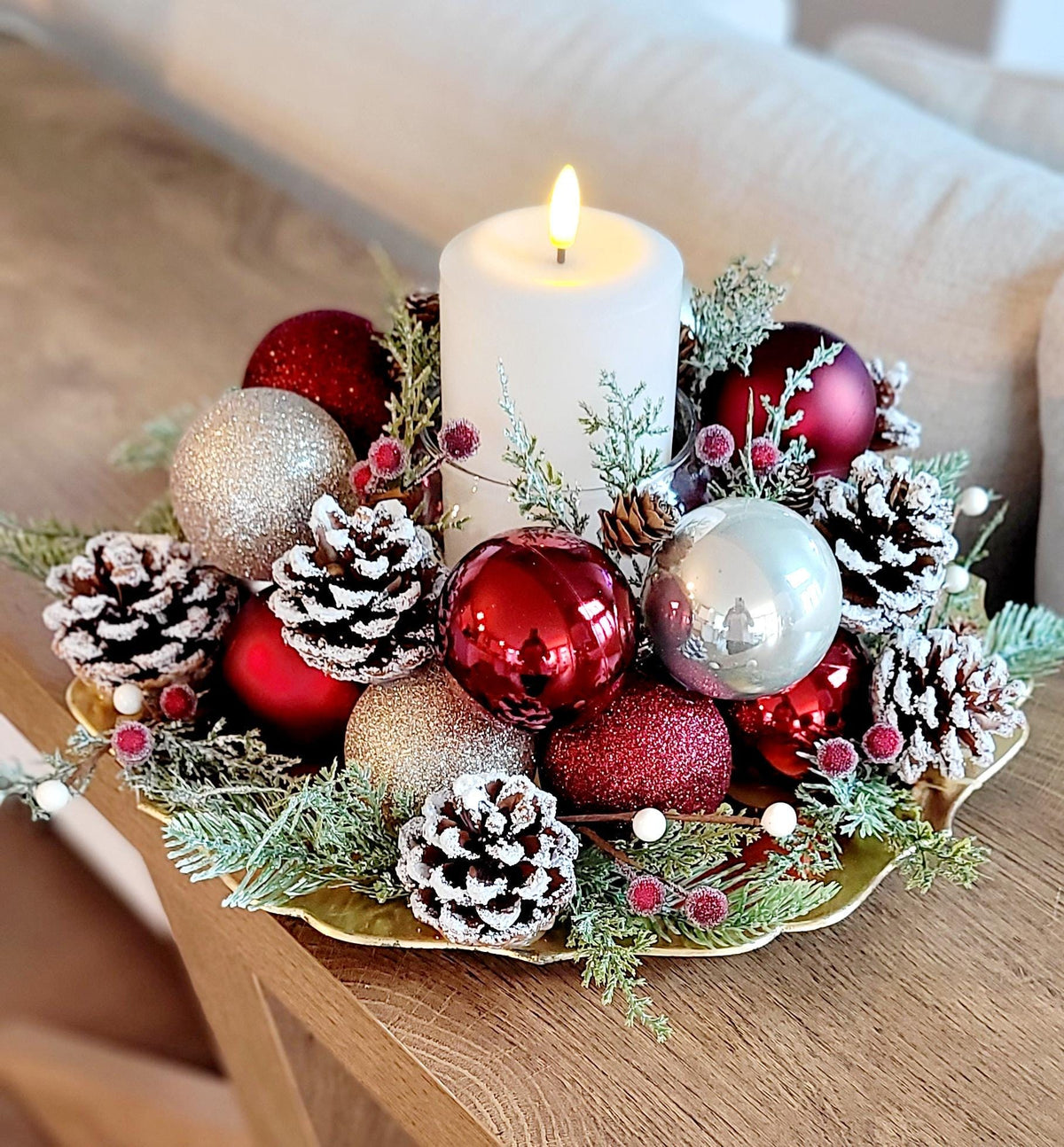 Christmas Table Centerpiece – Farmhouse Rustic Red Candle