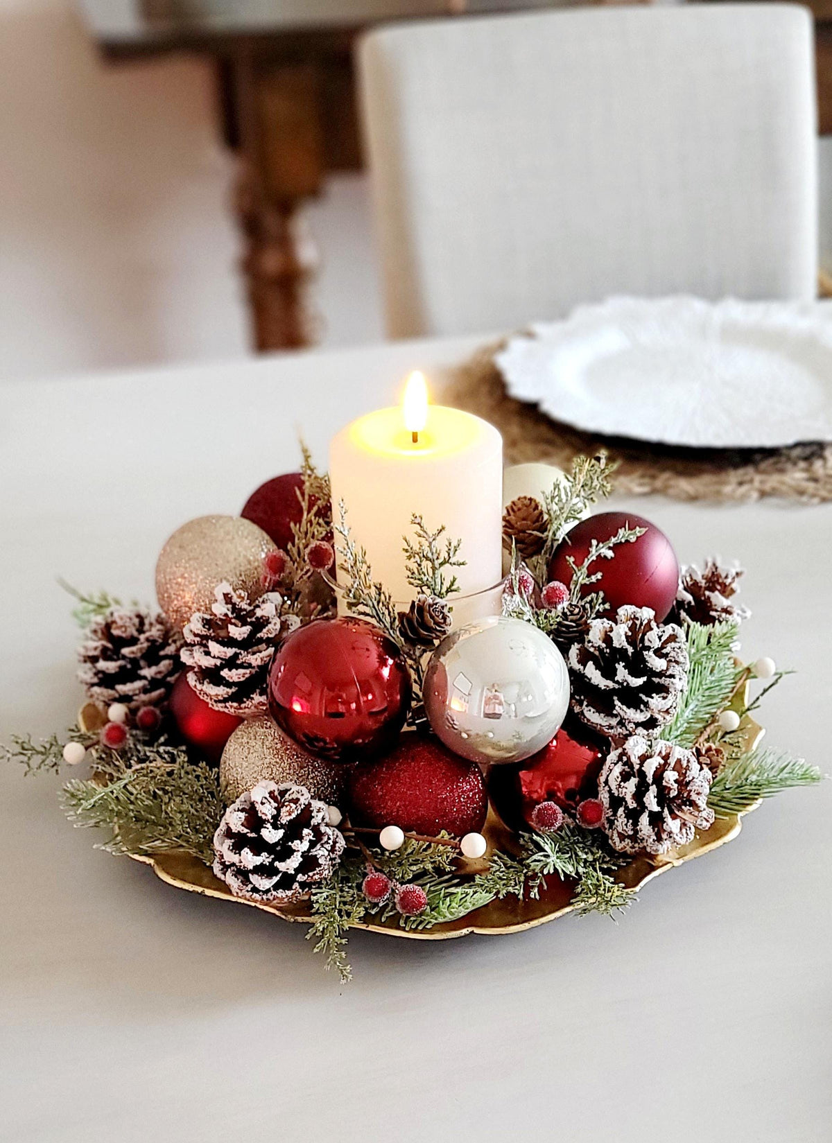 Christmas Candle Centerpiece – Handmade Farmhouse with Pinecones