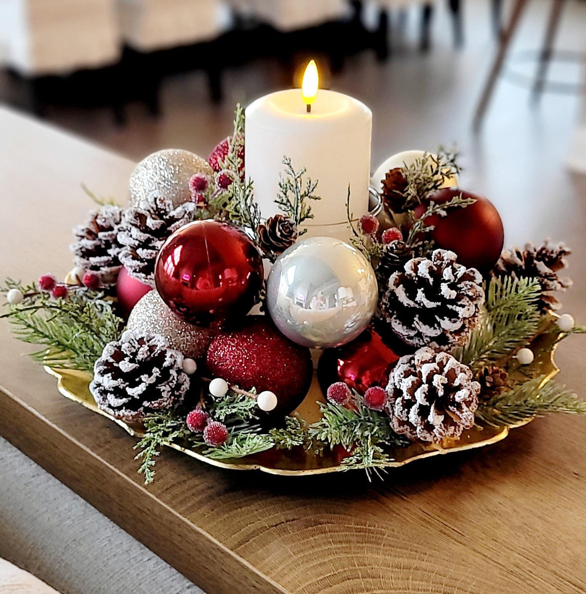 Christmas Table Centerpiece – Farmhouse Rustic Red Candle