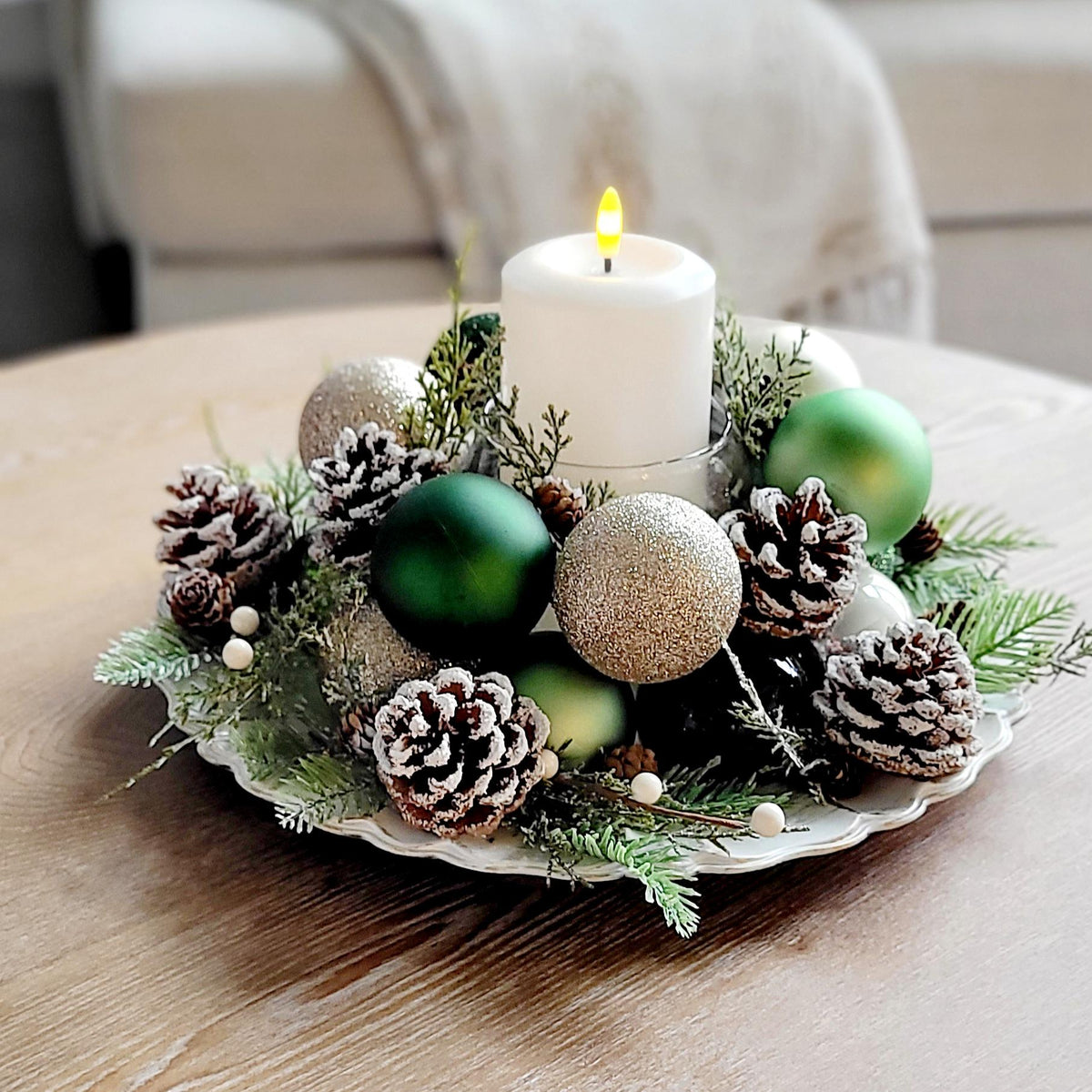Christmas Candle Centerpiece – Handmade Farmhouse with Pinecones