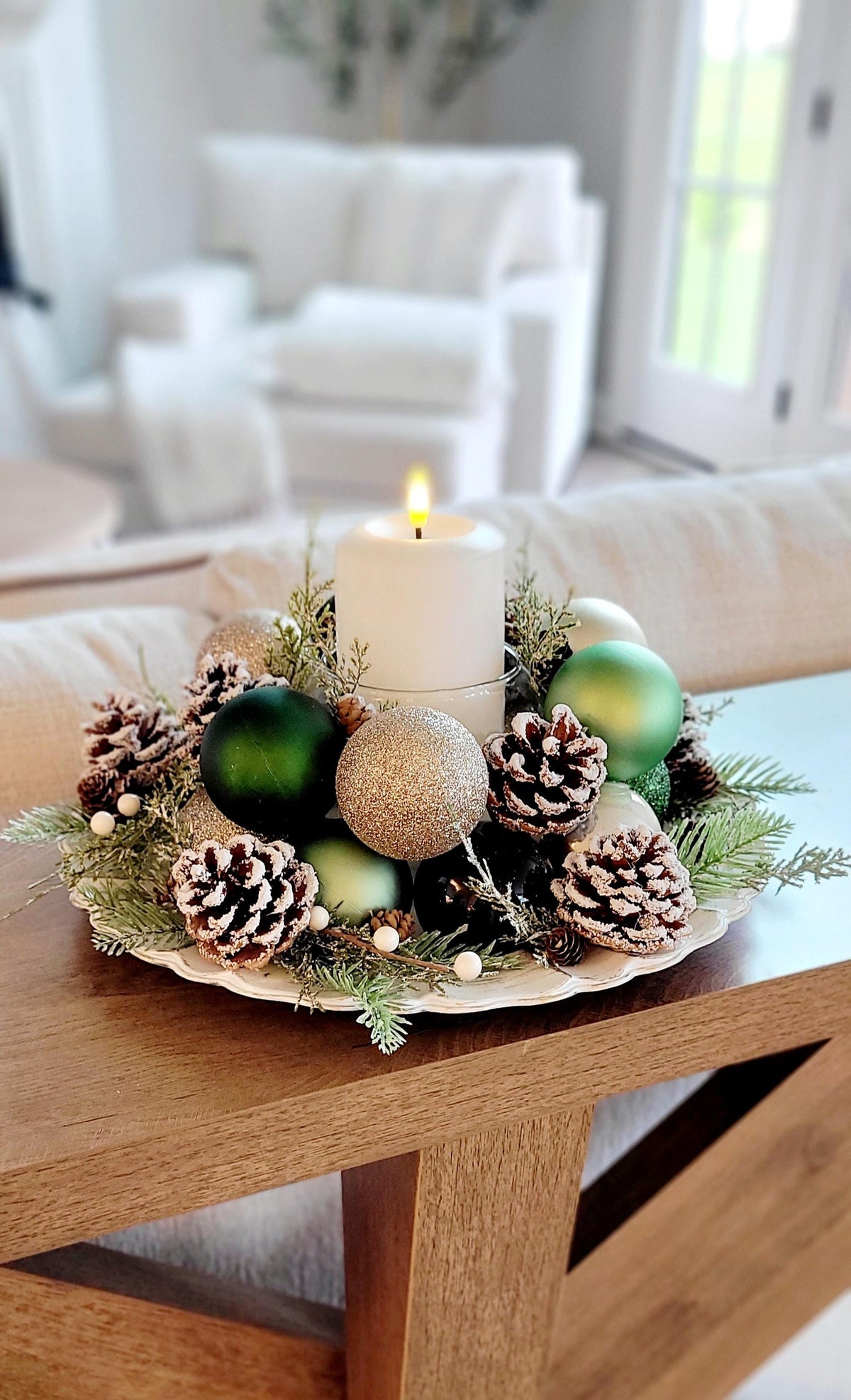 Christmas Candle Centerpiece – Handmade Farmhouse with Pinecones