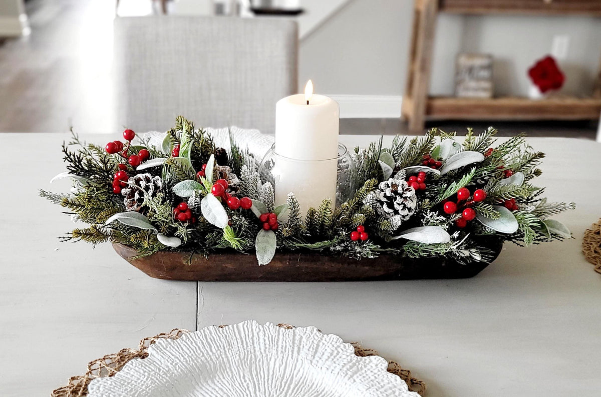 Rustic Holiday Display Wooden Bowl Centerpiece Farmhouse Christmas Styling Winter Pine Branches Frosted Pinecones Red Berry Accents Snow Dusted Greenery Natural Wood Grain Handcrafted Arrangement Perfect Dining Table Mantel Display Kitchen