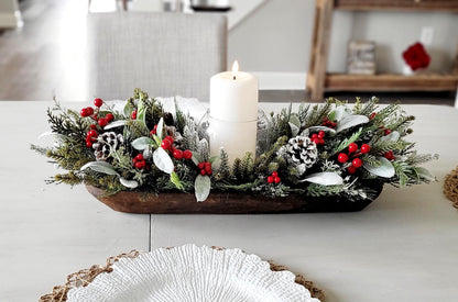 Rustic Holiday Display Wooden Bowl Centerpiece Farmhouse Christmas Styling Winter Pine Branches Frosted Pinecones Red Berry Accents Snow Dusted Greenery Natural Wood Grain Handcrafted Arrangement Perfect Dining Table Mantel Display Kitchen