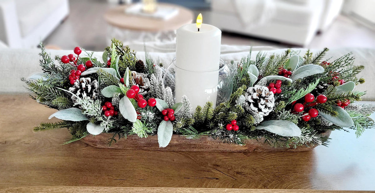 Christmas Dough Bowl Centerpiece – Handcrafted Farmhouse Pine Decor