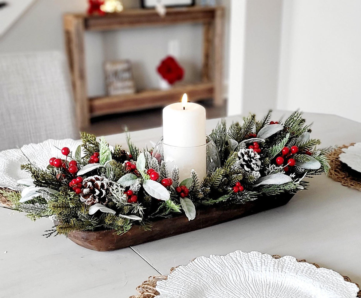 Christmas Dough Bowl Centerpiece – Handcrafted Farmhouse Pine Decor