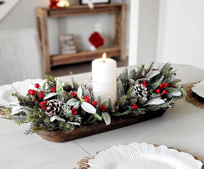 Christmas Dough Bowl Centerpiece – Handcrafted Farmhouse Pine Decor