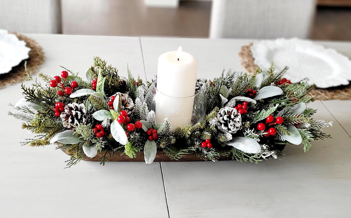 Christmas Dough Bowl Centerpiece – Handcrafted Farmhouse Pine Decor
