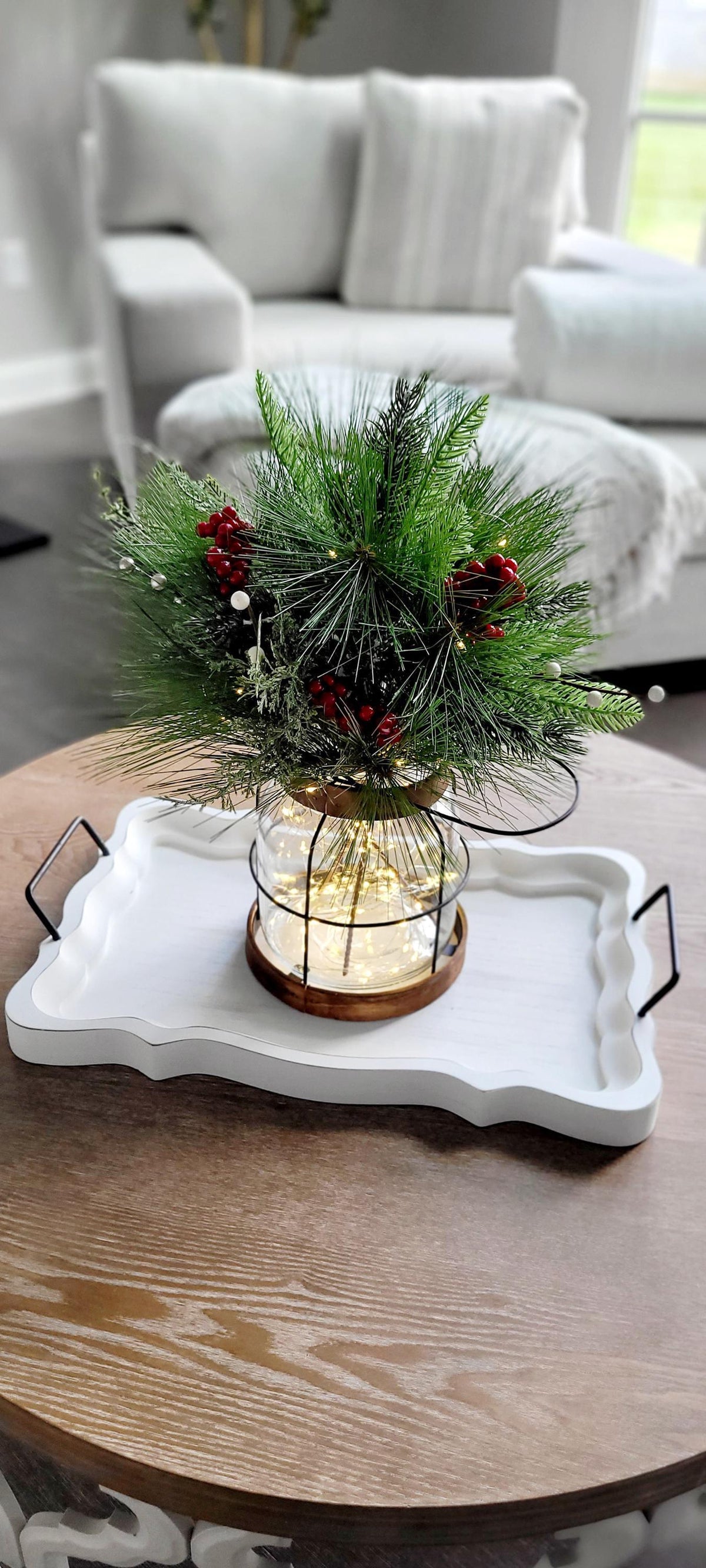 Christmas Lantern Centerpiece – Lighted Farmhouse Pine Berry Table